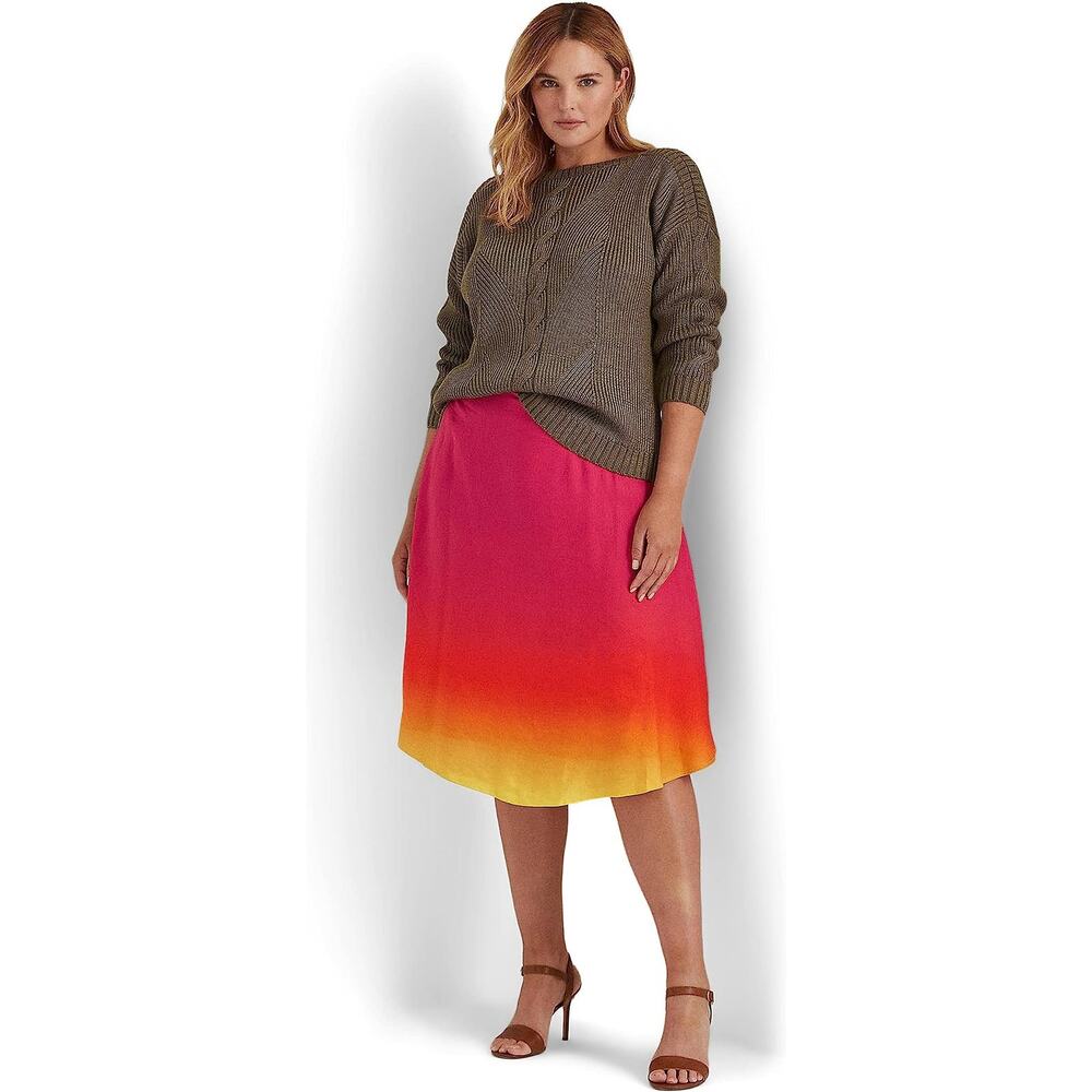Lauren Ralph Lauren Women Pink Ombré Linen-Blend Midi A-line Skirt Plus Size 18